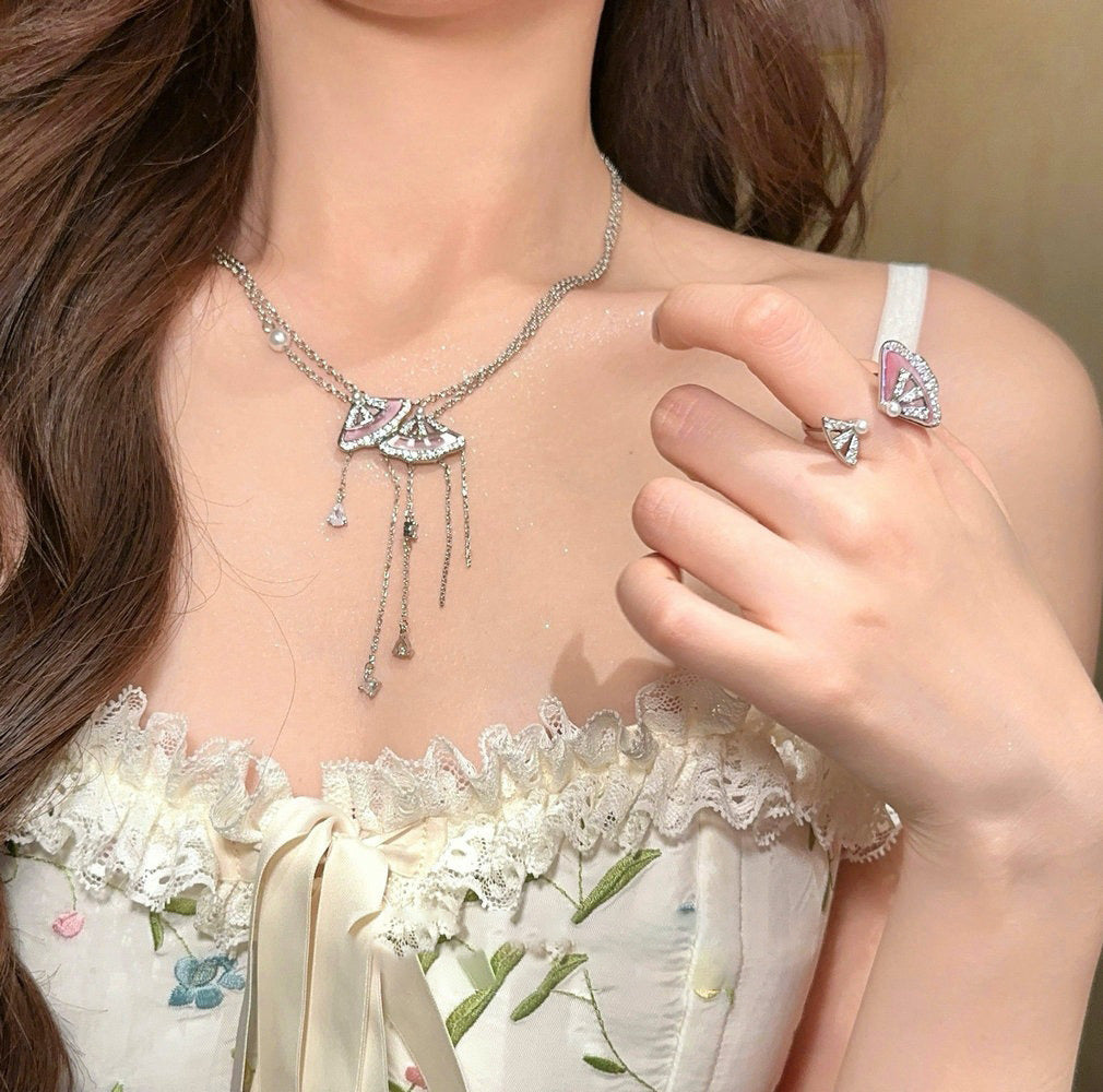 Palace Pink Pearl Fan-shaped Earrings Necklace rings
