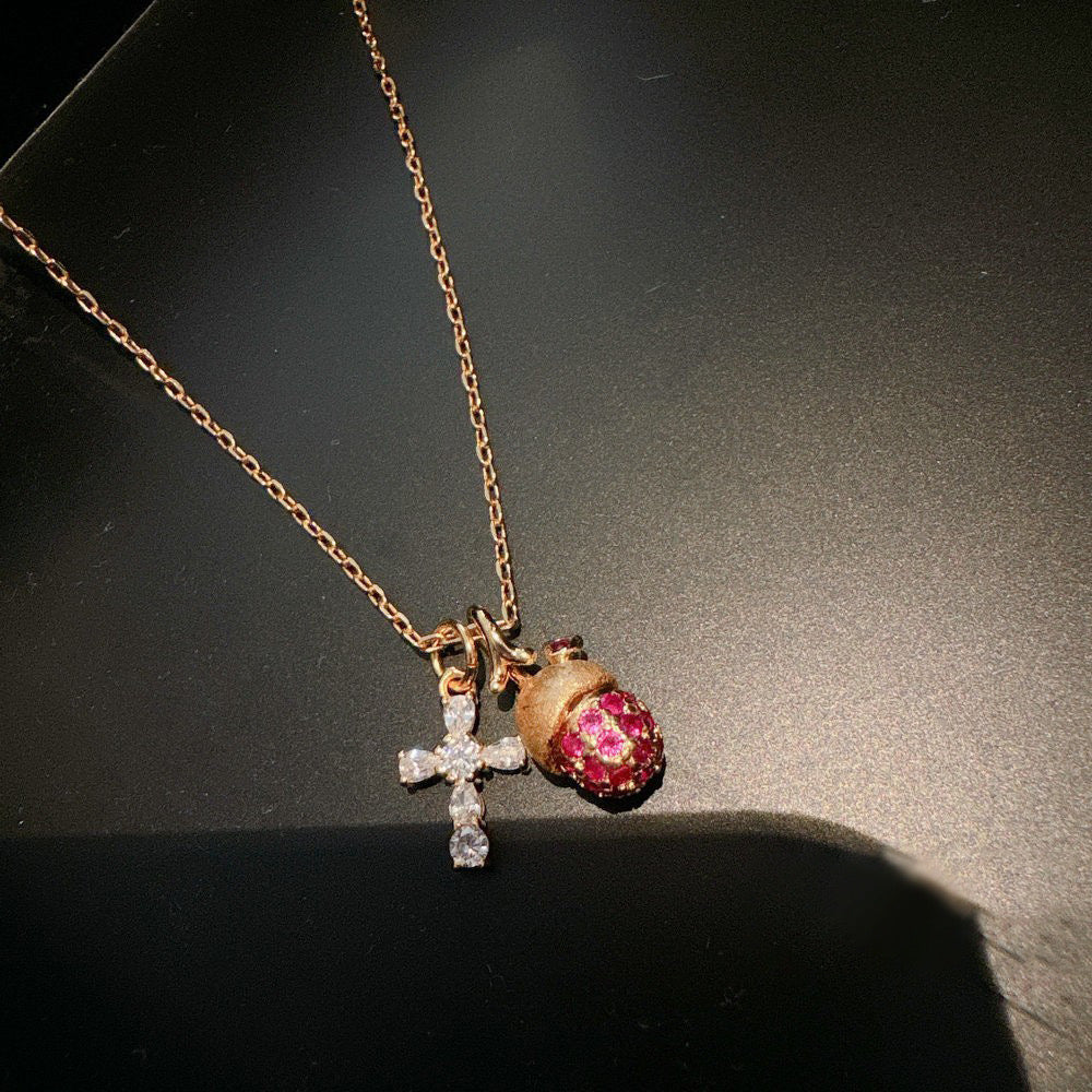 Vintage Brushed Pinecone Cross Gemstone Necklace Zircon Choker Layered Wear