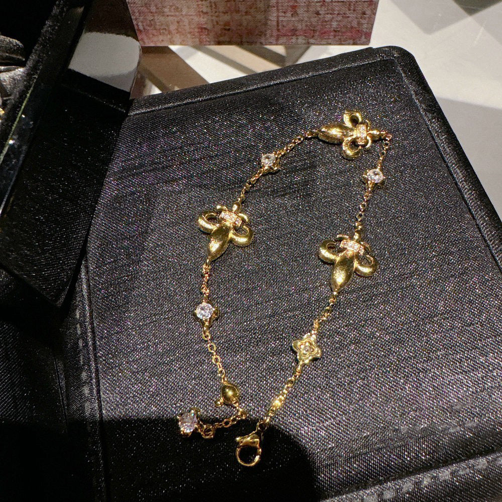 Retro Brushed Iris Gemstone Necklace Vintage 18K Gold Plated Iris Petal Zircon Bracelet Earring