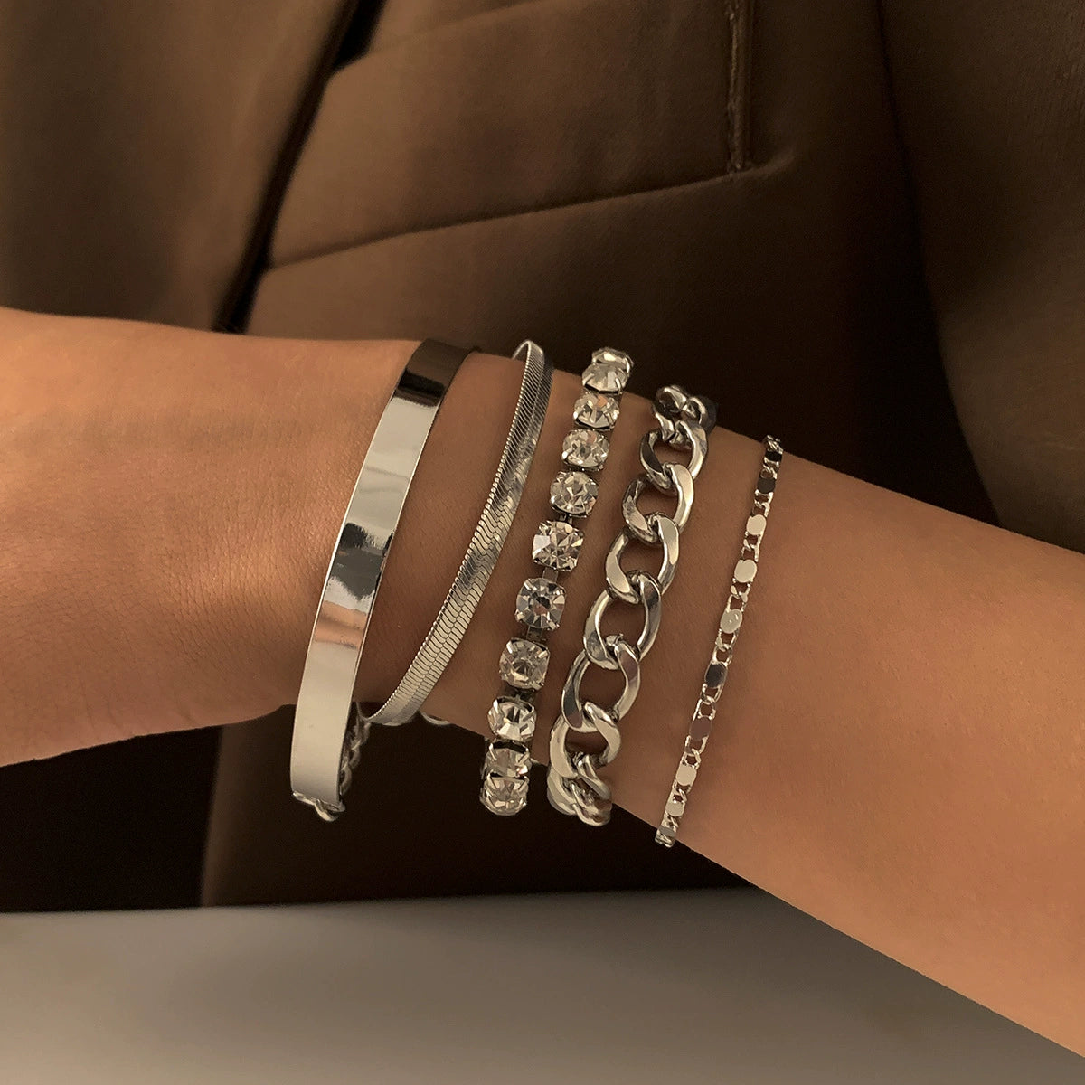 Vintage Snake Bone Chain Inlaid Diamond Bracelet 5-Piece Set