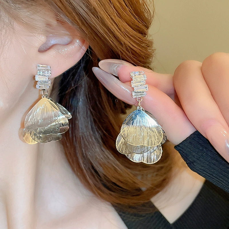 Silver Needle Zircon Hollow Petal Earrings