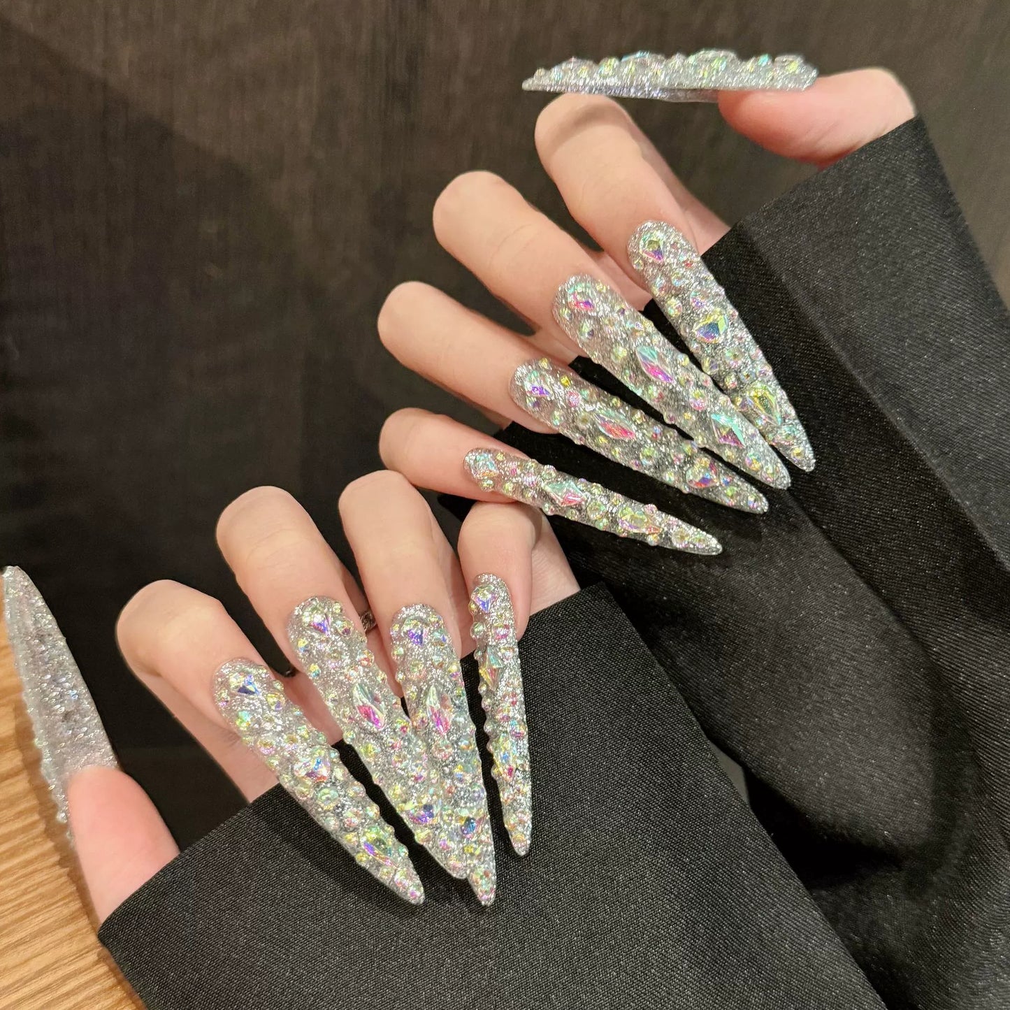 Extra Long Handmade Wearable Nails Sparkling Full Diamond Manicure
