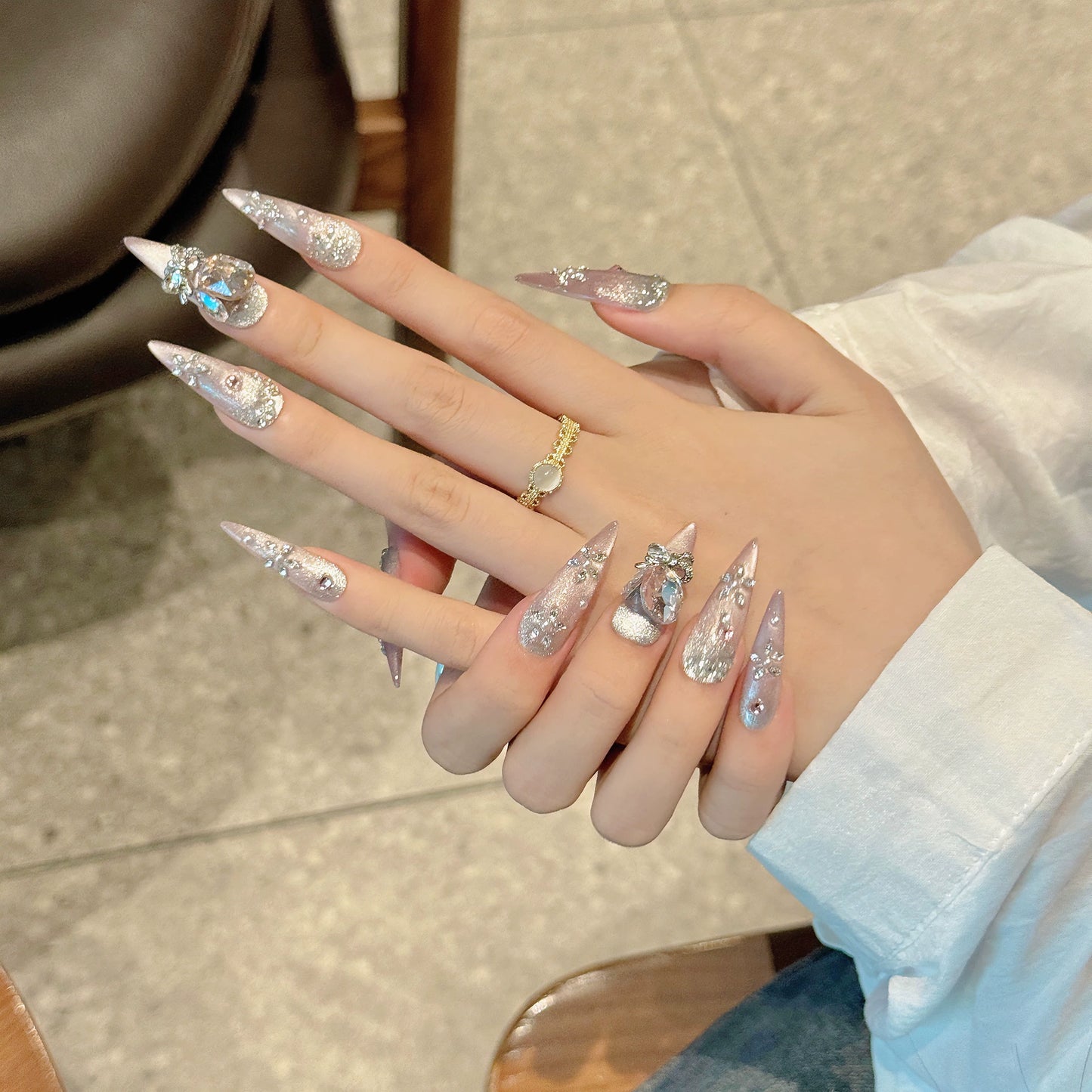 Wearable Nails Art Heavy Craft Luxurious Peach Pink Gradient Chain