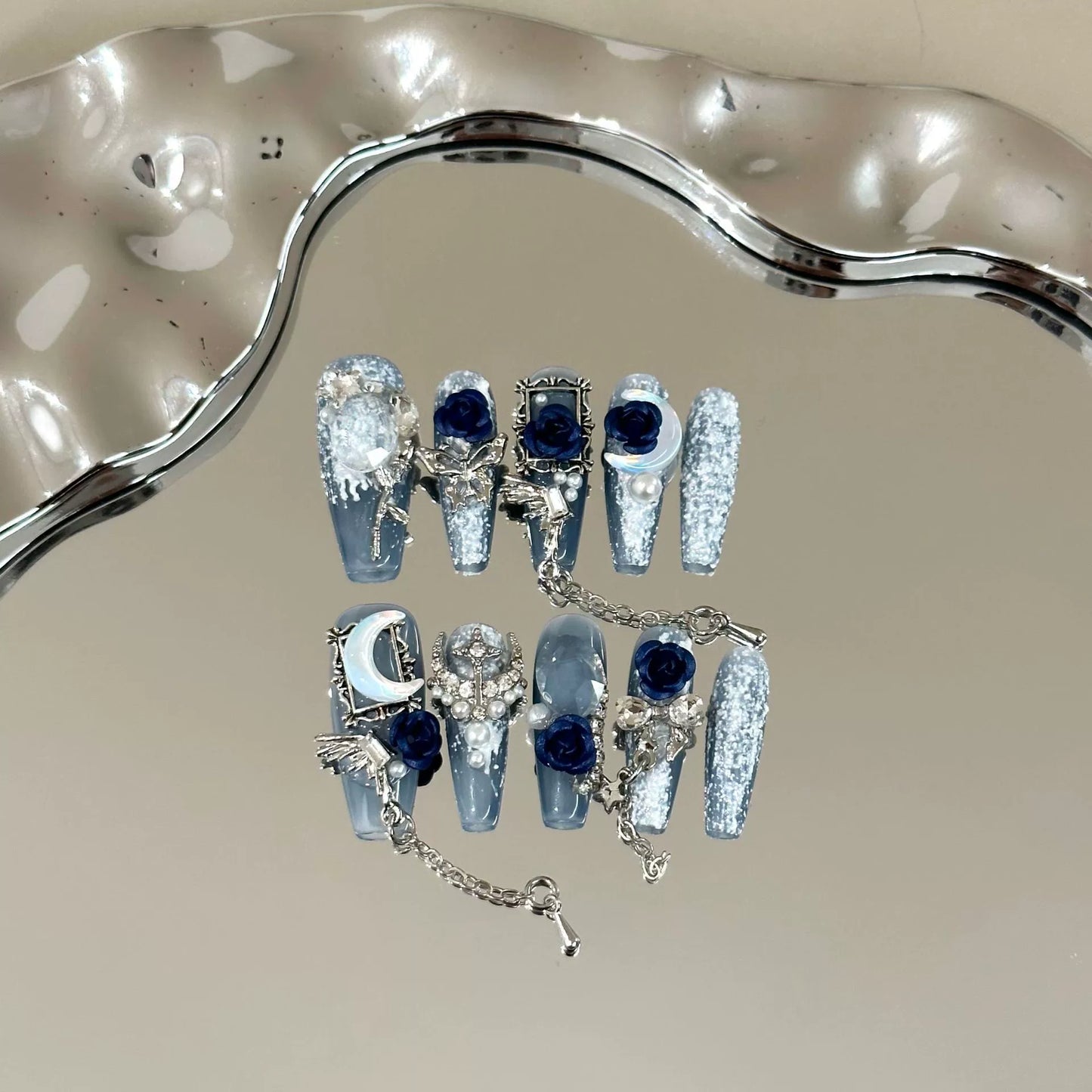 Wearable Nail Tips High-End Blue Camellia Plaster