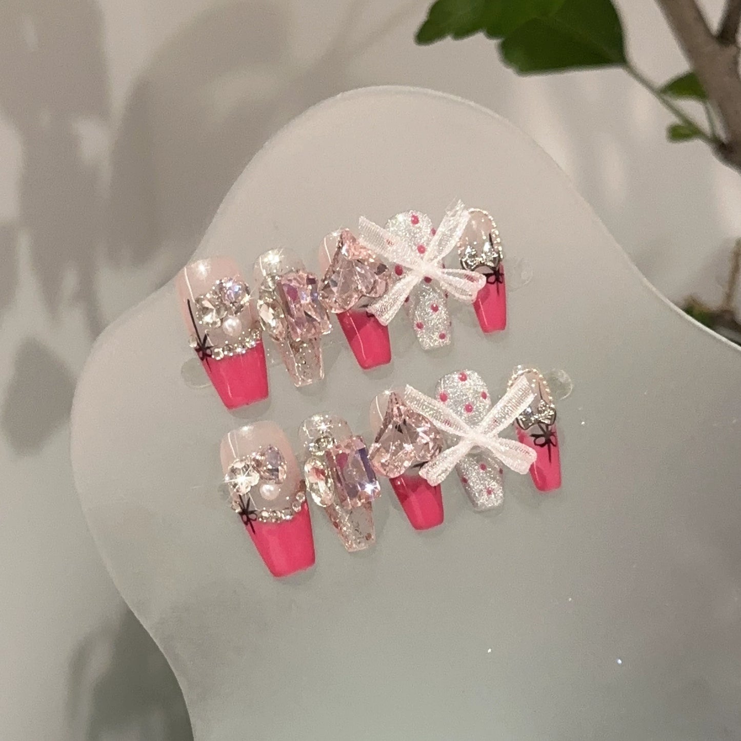 Wearable Nail Tips High-end Rose Pink French Manicure Lace Bow Heart-shaped