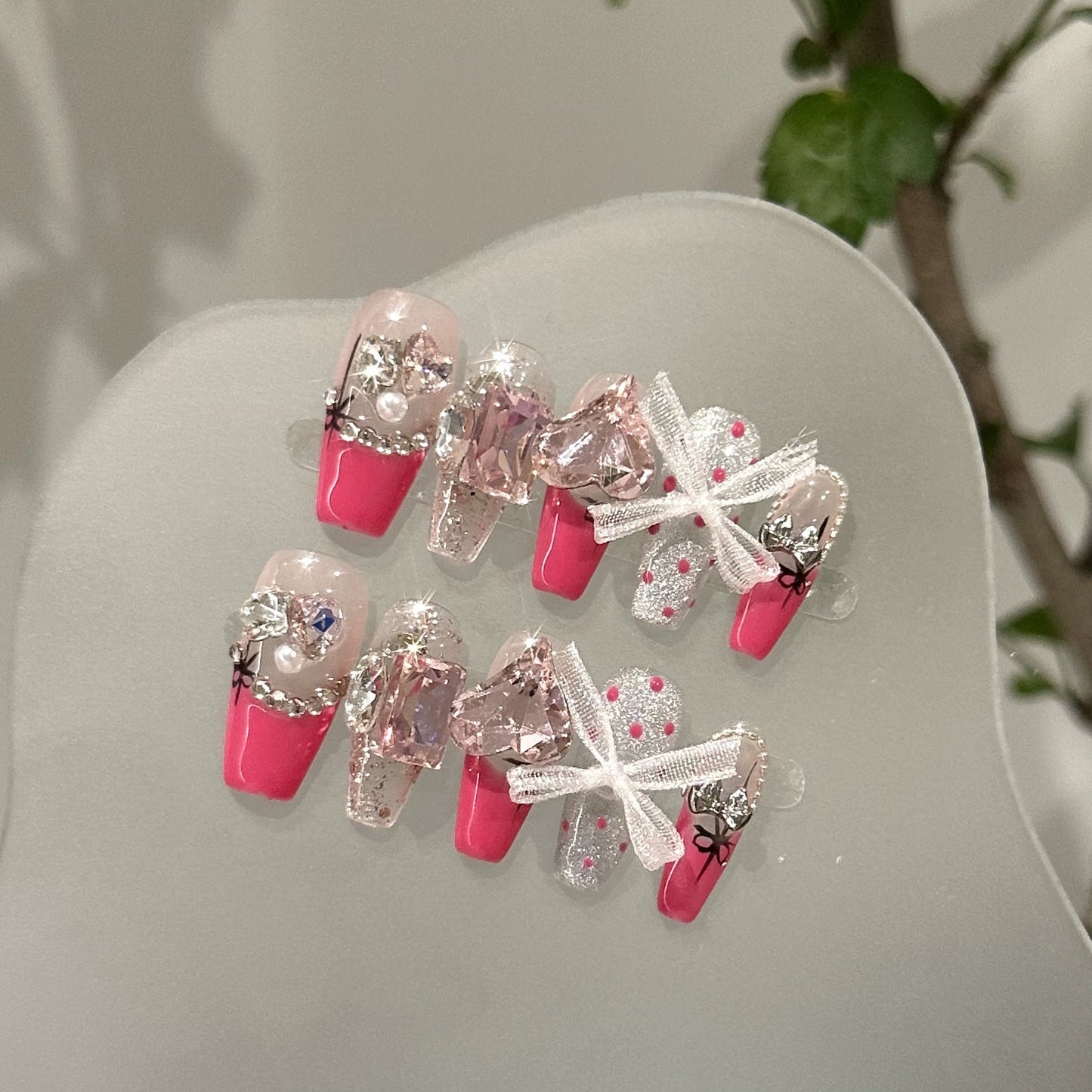 Wearable Nail Tips High-end Rose Pink French Manicure Lace Bow Heart-shaped