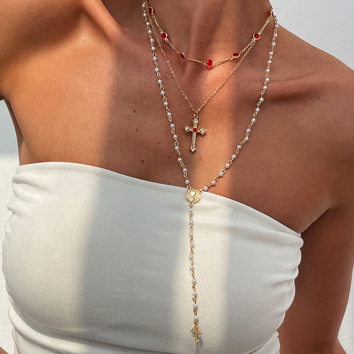 INS Style Cross Pendant Necklace Layered Wear Set