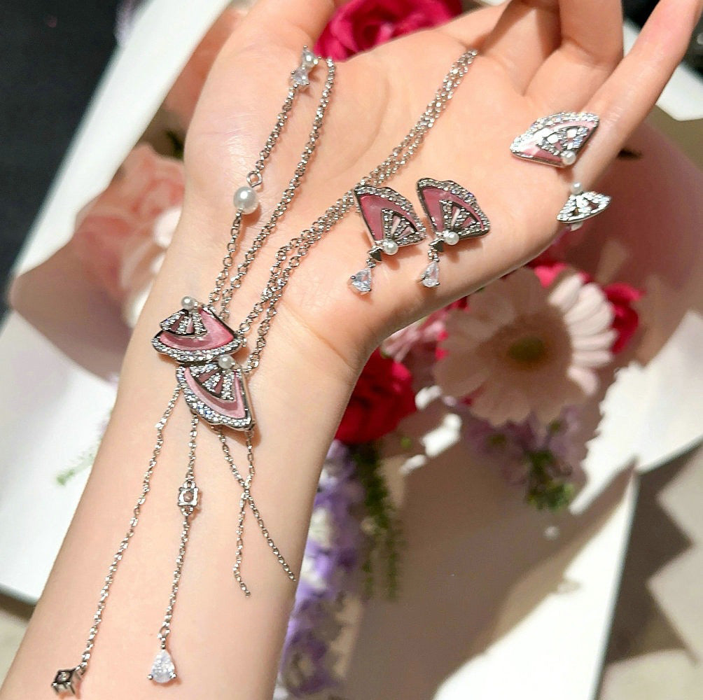 Palace Pink Pearl Fan-shaped Earrings Necklace rings