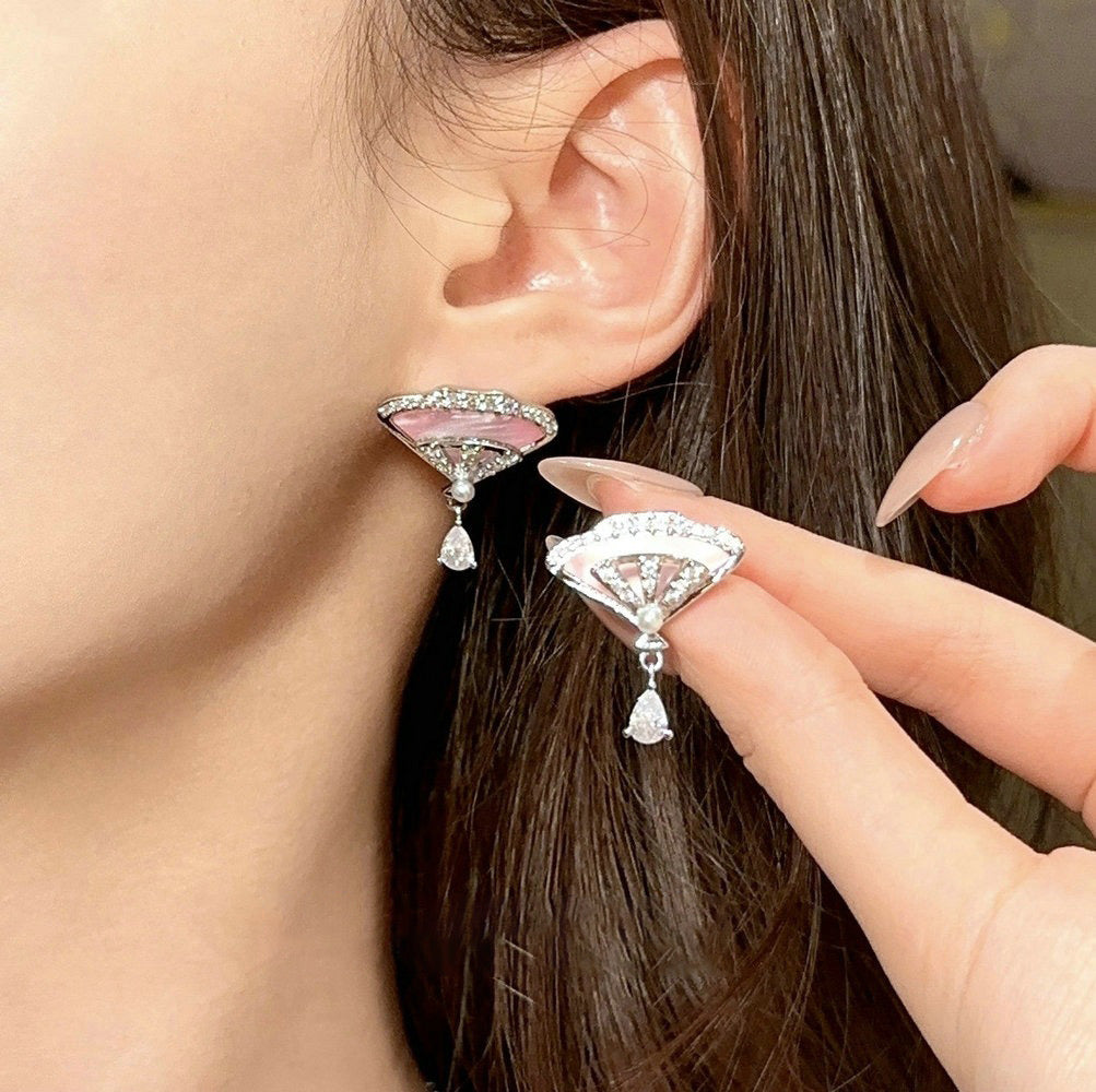 Palace Pink Pearl Fan-shaped Earrings Necklace rings
