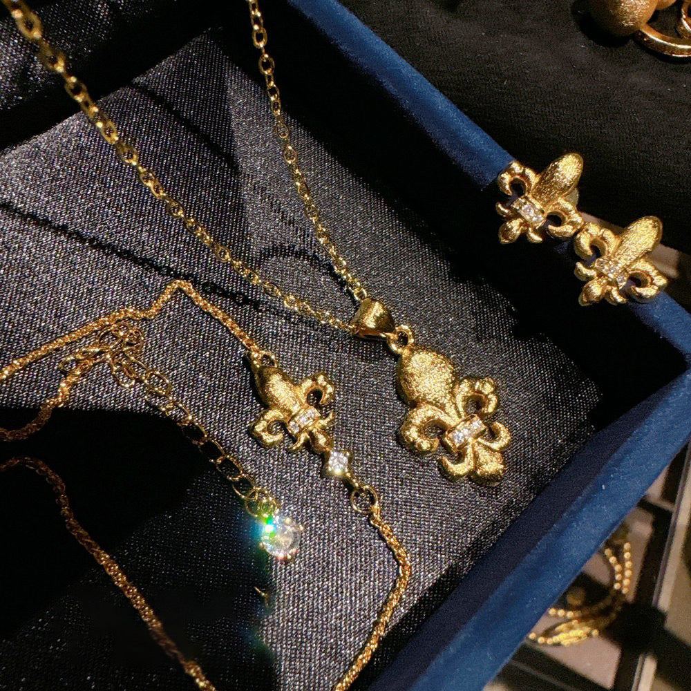 Retro Brushed Iris Gemstone Necklace Vintage 18K Gold Plated Iris Petal Zircon Bracelet Earring