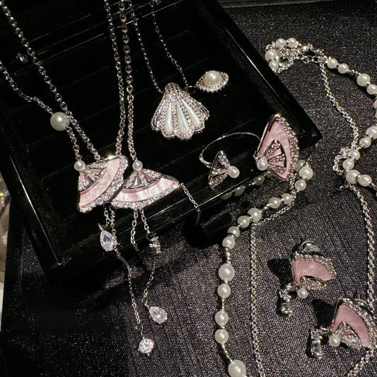 Palace Pink Pearl Fan-shaped Earrings Necklace rings