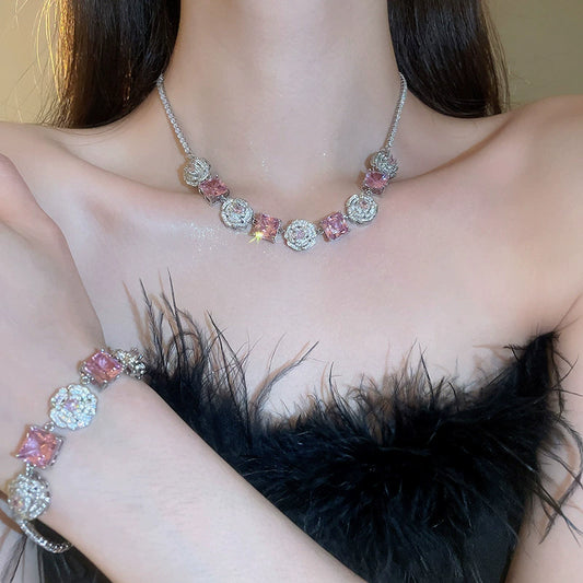 Zircon Flower Square Bracelet Necklace Earrings jewelry set pink silver