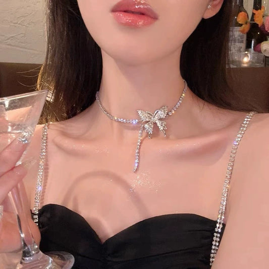 Inlaid Diamond Bowknot Pearl Necklace Collarbone Chain
