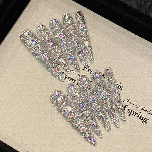Extra Long Handmade Wearable Nails Sparkling Full Diamond Manicure