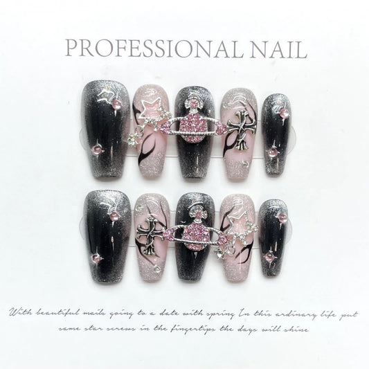 Nail Art Hot Girl Series Sparkling Pink Diamond Surrounding Planet Flame Cat Eye