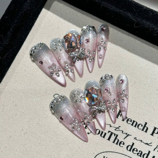Wearable Nails Art Heavy Craft Luxurious Peach Pink Gradient Chain