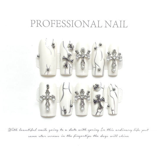 White Rectangular Cross with Rhinestones and Steel Beads Hand-painted Hot Girl Wearable Nails