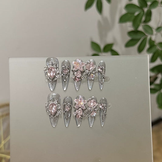 Wearable Nails High-end Transparent Black Silver Cat Eye Pink Diamond Long Pointed