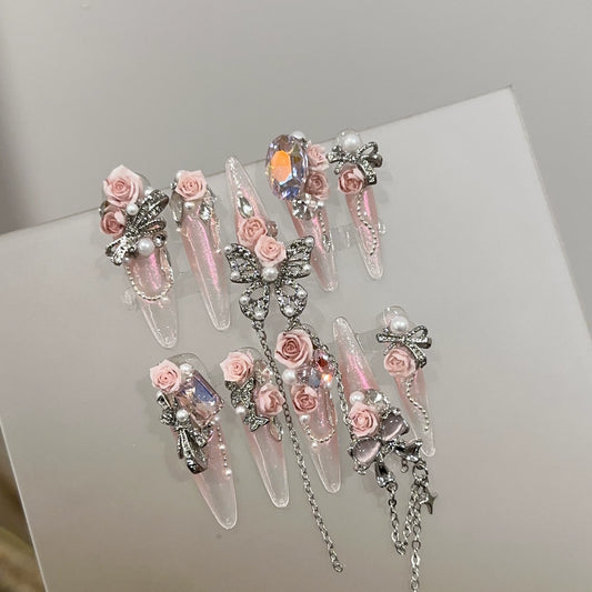 Wearable Nails High-End Feel Magic Mirror Pink Camellia Flower