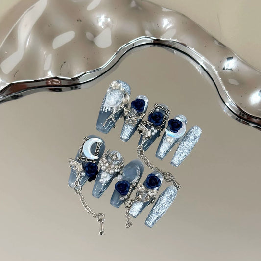 Wearable Nail Tips High-End Blue Camellia Plaster