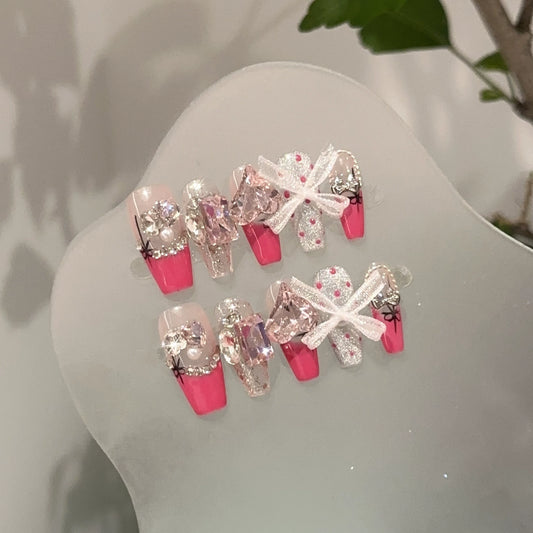 Wearable Nail Tips High-end Rose Pink French Manicure Lace Bow Heart-shaped